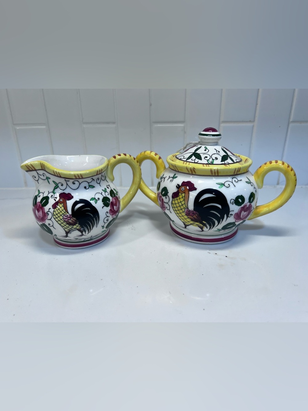 Vintage Early Provincial Ucagco Rooster And Roses Cream And Sugar Set